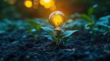 An illuminated lightbulb growing from the soil, depicting energy and sustainable ideas. photo