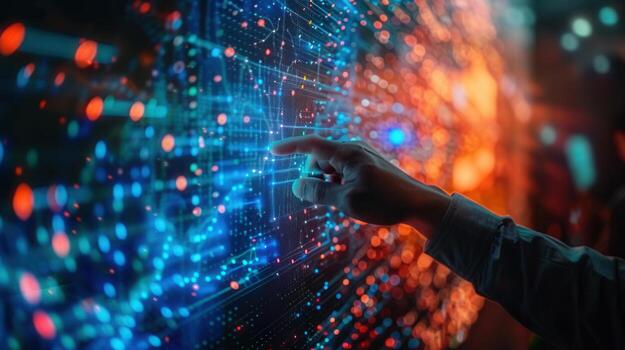 A hand gestures on a digital interface, representing technology and data connections. photo