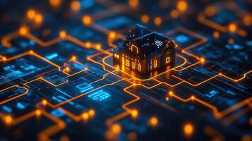 A glowing smart home concept with interconnected circuits and a wifi signal in the digital world. photo