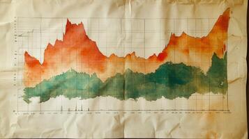 An abstract watercolor data chart painted on old parchment paper shows trend lines and analysis. photo