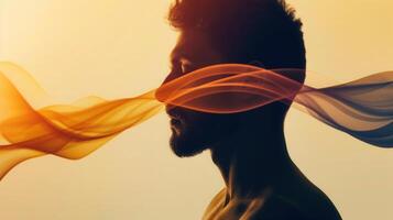 A man's profile, with artistic smoke patterns, against a warm, glowing, and soft background. photo