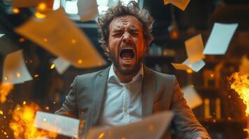 A stressed businessman yells with papers and fire around him, expressing intense frustration. photo