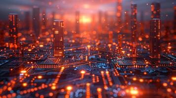 A futuristic cityscape design, rendered with glowing circuits and integrated technology elements. photo