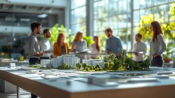 Architects and designers collaborate, examining a building model in a sunlit office environment. photo