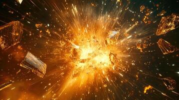 A dramatic depiction of a fiery explosion bursting outwards, with fragments flying. photo