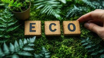 The word 'eco' spelled out with wooden blocks amidst vibrant green moss and foliage. photo