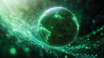 A mesmerizing digital representation of the globe, glowing with interconnected green data streams. photo