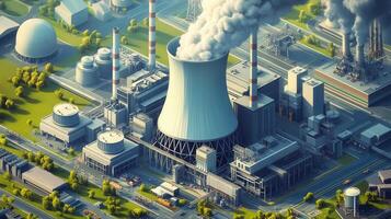 A detailed illustration of a large, industrial power plant emitting visible smoke into the air. photo