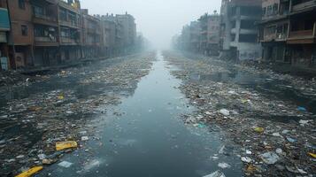 A polluted canal in a city, filled with trash and debris, reflecting the buildings. photo