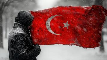 A person stands in a snowy landscape, holding a tattered Turkish flag during a blizzard. photo