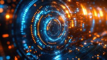 Intricate digital interface design with futuristic glowing blue and orange light effects. photo