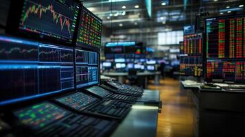 Dynamic view inside a trading floor shows financial data analysis on multiple computer screens. photo