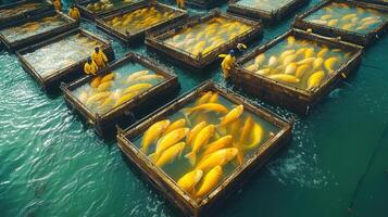 Aerial view captures the fish farming industry with workers managing golden fish in water pens. photo