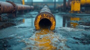 An industrial pipe is discharging liquid into a puddle on a concrete surface, close up. photo