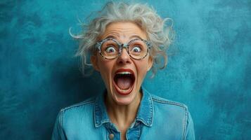 A woman's surprised face with open mouth, wearing glasses, showing pure shock expression. photo
