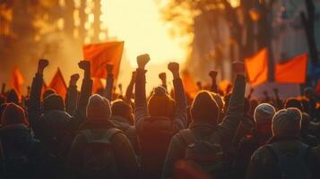 A powerful image of protestors raising fists and red flags, fighting for change together. photo