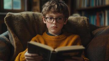 A thoughtful boy in glasses reads a book while relaxing in a cozy, dimly lit room. photo