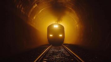 A train journeys through a tunnel, its headlights shining toward the camera with an air of adventure. photo