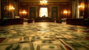 A large wooden table is covered with a mass of money, reflecting the concept of wealth. photo