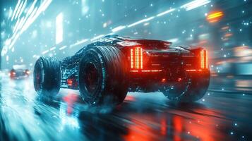 A sleek, futuristic car speeding through a neon-drenched cityscape at night with vibrant lights. photo