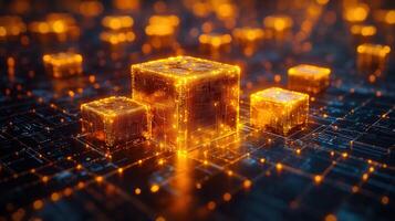 Intricate network of glowing data cubes highlighting digital and technological connections. photo