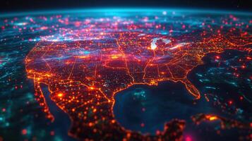 An illuminated view of the United States at night, showing data flow and connections. photo