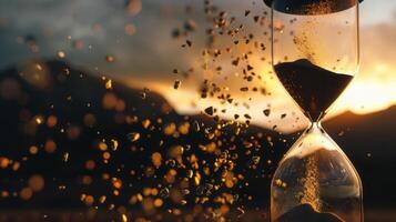 An hourglass with sand falling, set against a dramatic sunset and picturesque mountain range. photo