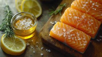Close-up of raw salmon fillets seasoned with herbs, lemons, and olive oil on a wooden board. photo