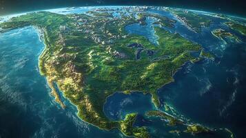 A stunning digital illustration depicts the north american continent from a unique, elevated perspective. photo