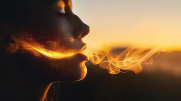 A tranquil scene of a person exhaling luminous smoke in the serene sunset setting. photo