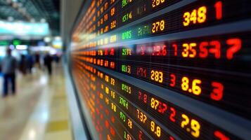Close-up of a financial stock market ticker board displaying real-time information clearly. photo