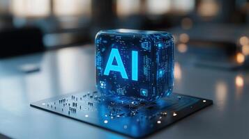 An illuminated AI cube, set on a circuit board, representing the core of digital technology. photo