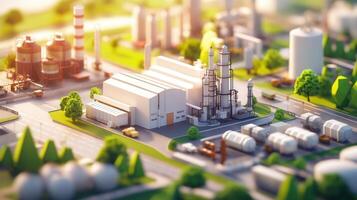 A detailed overhead view of a miniature industrial complex, highlighting various structures. photo