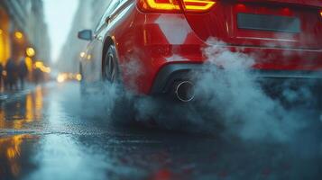 Red car steaming as it moves on a wet city road, with the exhaust creating an interesting scene. photo