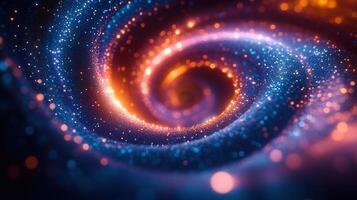 A captivating spiral galaxy swirls, showcasing bright blue and orange star formations. photo