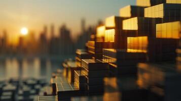 A warm, abstract cityscape featuring golden cubes bathed in the soft glow of sunset. photo