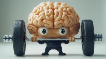 A clever and fun depiction of a brain figure lifting weights to represent mental fitness and training. photo