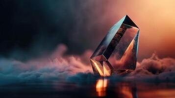 A glowing geometric gemstone stands in a misty, atmospheric scene with captivating reflections. photo