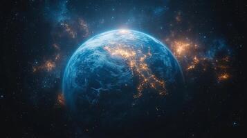 Stunning view of earth from space, illuminated by city lights against a starry backdrop. photo