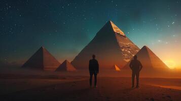 Two people contemplate the grandeur of ancient egyptian pyramids beneath a starry sky. photo