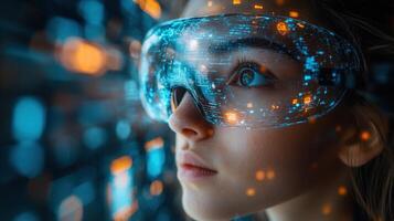 A woman gazes through futuristic augmented reality glasses, seeing a world of data and connectivity. photo