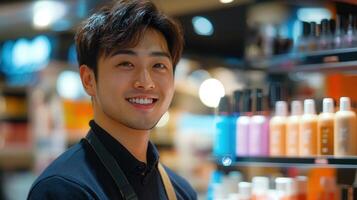An attractive, smiling asian man stands inside a beauty store, surrounded by products. photo