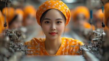A young woman smiles while working in a textile factory amongst machinery. photo