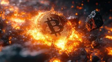 A fiery bitcoin coin is surrounded by intense flames and molten lava in a visual metaphor. photo