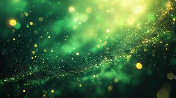 A mesmerizing abstract background featuring green and golden glittering particles in motion. photo