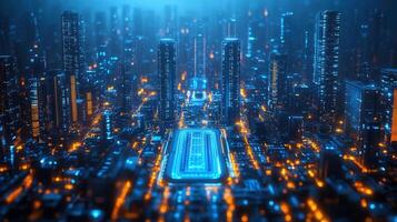 A futuristic cityscape glows with vibrant neon lights in a digital and urban landscape. photo