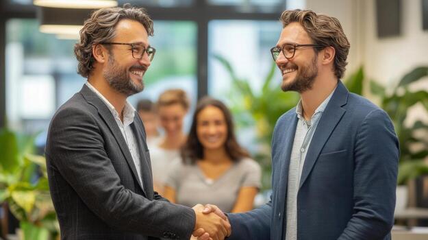 Two suited men shake hands warmly in a bright office, creating a successful business deal. photo