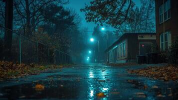 Rain-soaked road at night reflecting city lights with falling leaves and a chain-link fence. photo