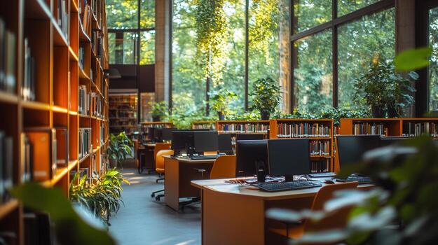 The sunlit library showcases books, computers, and greenery, perfect for focused study and research. photo