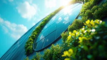 A stunning architectural feat, showcasing a green facade with a circular window and clear sky. photo